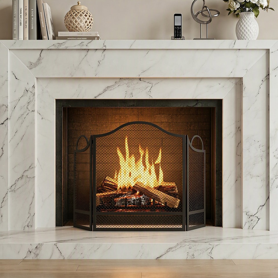 image 1 of HOMCOM Floral 3-Panel Folding Fireplace Screen for Protection, Black