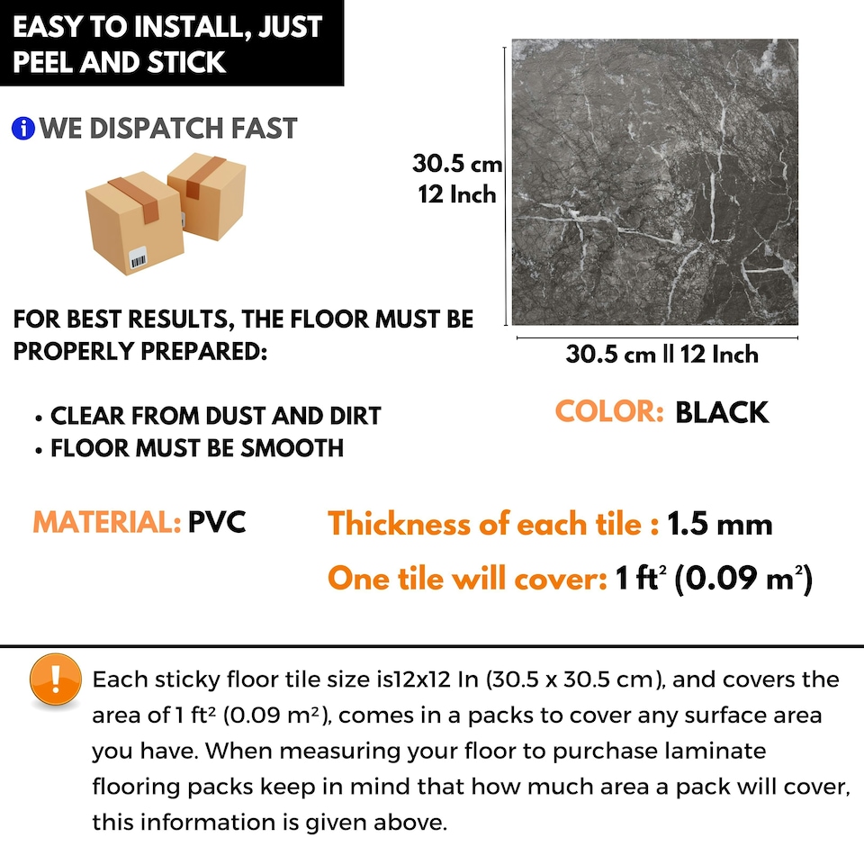 image 1 of NOVECRAFTO Self Adhesive Vinyl Floor Tiles - 12x12 in (30.5x30.5cm) - Waterproof 1.5mm Thick Peel & Stick Flooring - Luxe Marble Effect for Kitchen | Black | 3.72 sqm