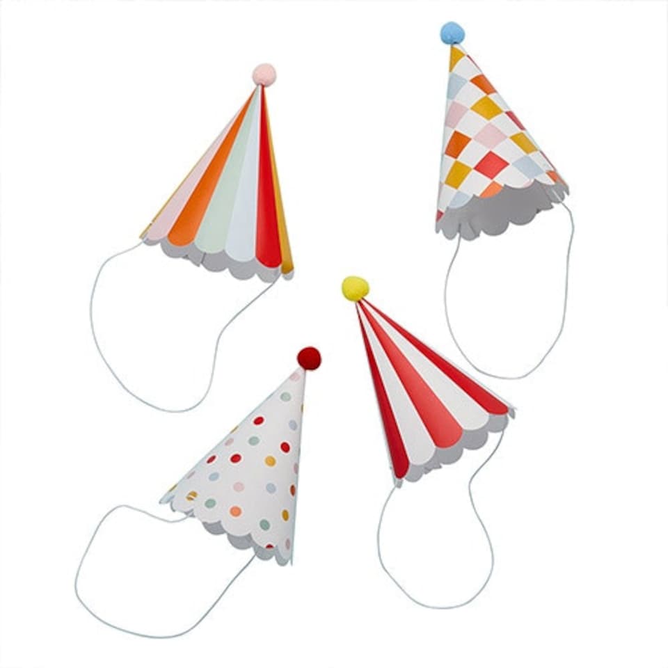 image 1 of Circus Scalloped Paper Party Hats with Pom Poms - Pack of 8