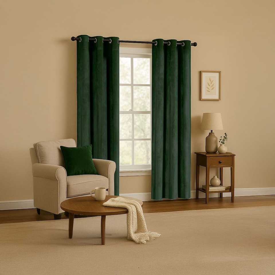 image 1 of Forest Green Velvet Blackout Eyelet Curtains - 46x54 Inch Drop - Pair | Green | One Size