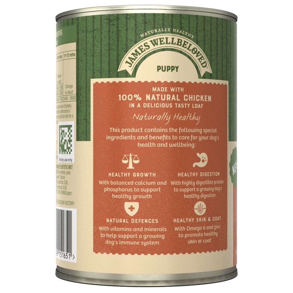 image 1 of James Wellbeloved Puppy Wet Dog Food Tins Chicken, Rice & Veg in Loaf 12 x 400g