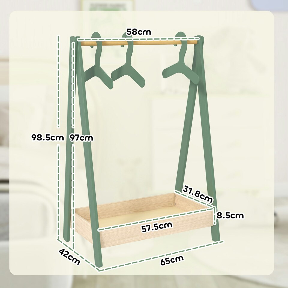 image 1 of AIYAPLAY Kids Clothes Rail with Hangers, Base Shelf for Girls, Boys, Green