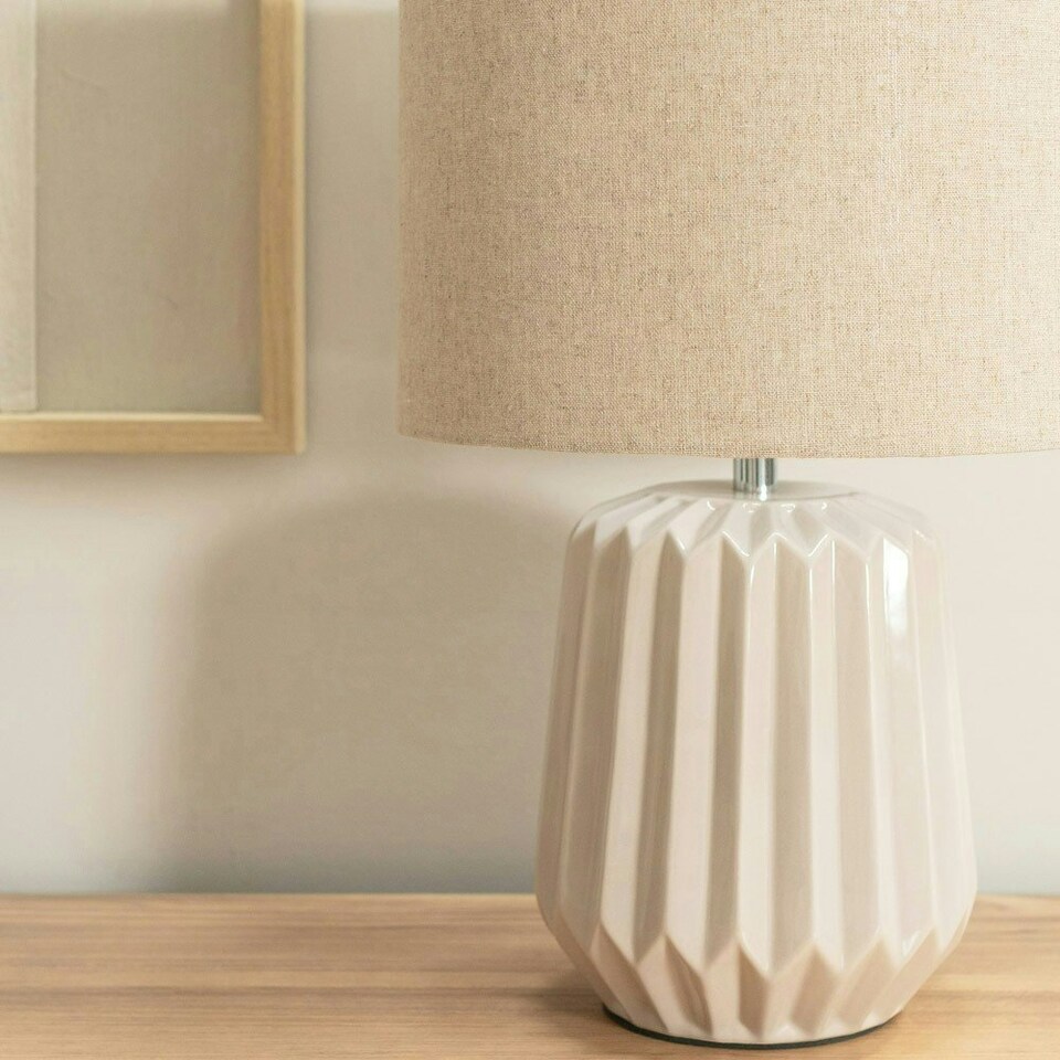 image 1 of ValueLights Zak Pair of Natural Stone Pleated Textured Ceramic Table Lamps with matching Fabric Lamp Shades & LED Bulbs