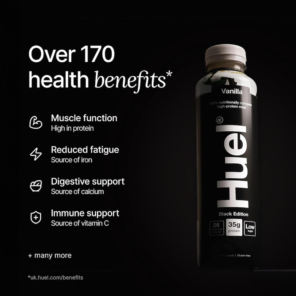 image 1 of Huel Ready-to-Drink Meal, BLACK EDITION Vanilla Protein Drink, 500ml Bottles (Pack of 8) - Protein Shakes, Pre-Portioned Meal, 35g of Protein per Bottle