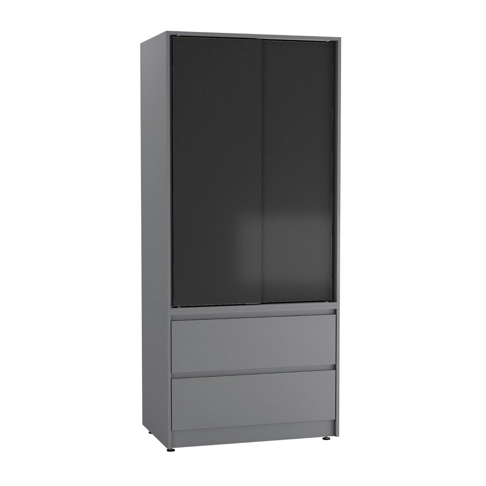 image 1 of URBNLIVING 2 Sliding Door Wardrobe With 2 Drawers And Hanging Rail | Grey | Black Doors | 1