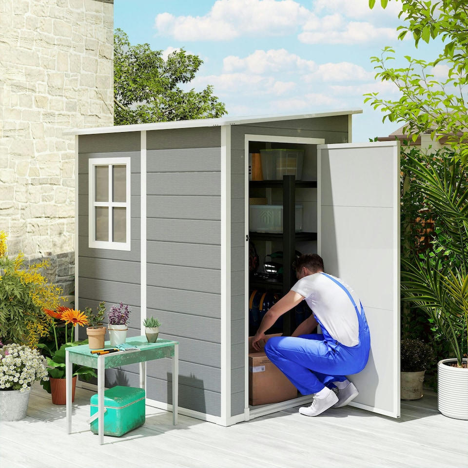 image 1 of Outsunny Lean to Garden Shed 4'x5' Plastic Tool Storage House w/ Lockable Door