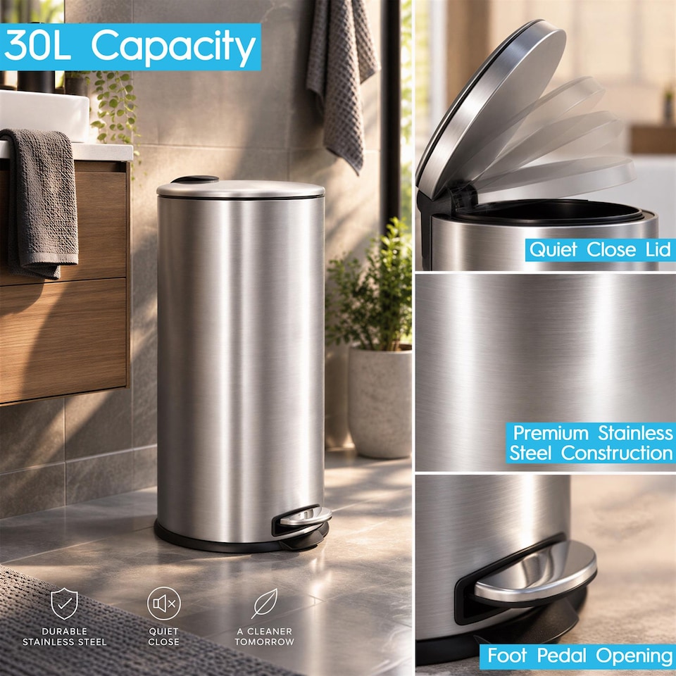 image 1 of Harbour Housewares 30L Stainless Steel Kitchen Pedal Bin with Lid Chrome Foot Pedal Removable Inner Bucket Slim Tall 31x36x63cm