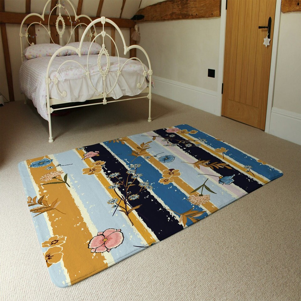 image 1 of Beautiful meadow flowers on candy colorful brush stripe (Rug) Multi | XL: 160x230cm