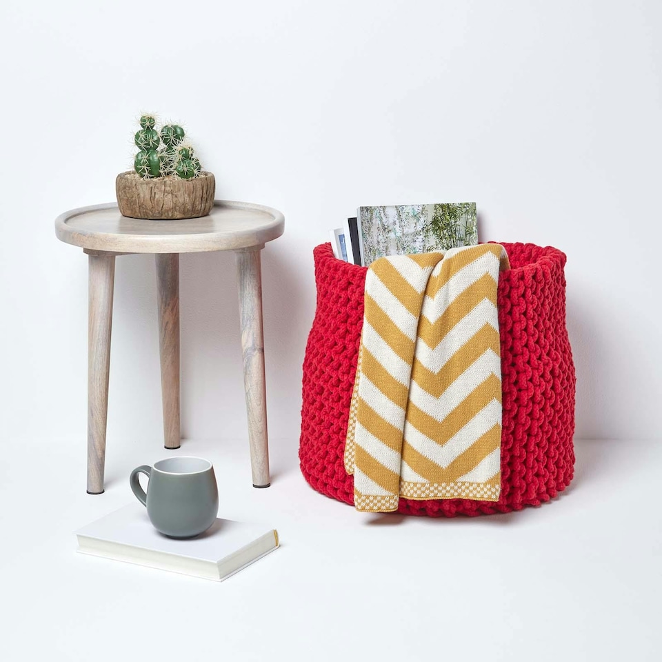 image 1 of Homescapes Red Cotton Knitted Round Storage Basket - 42 x 37 cm | Red | Red | L