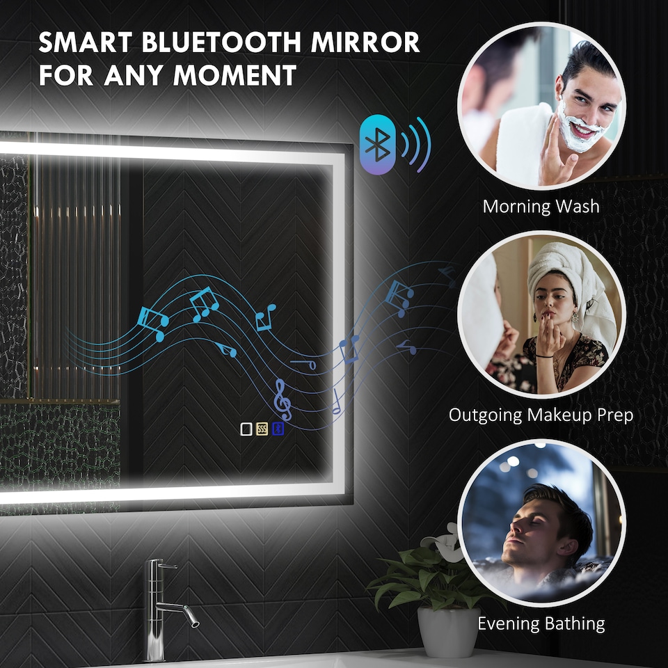image 1 of HOMCOM 600 800 mm Bluetooth LED Bathroom Mirror, Illuminated Backlit Vanity Mirror with 3 Colours Dimmable, Anti-Fog, Memory Function, Touch Sensor, IP44 | Silver