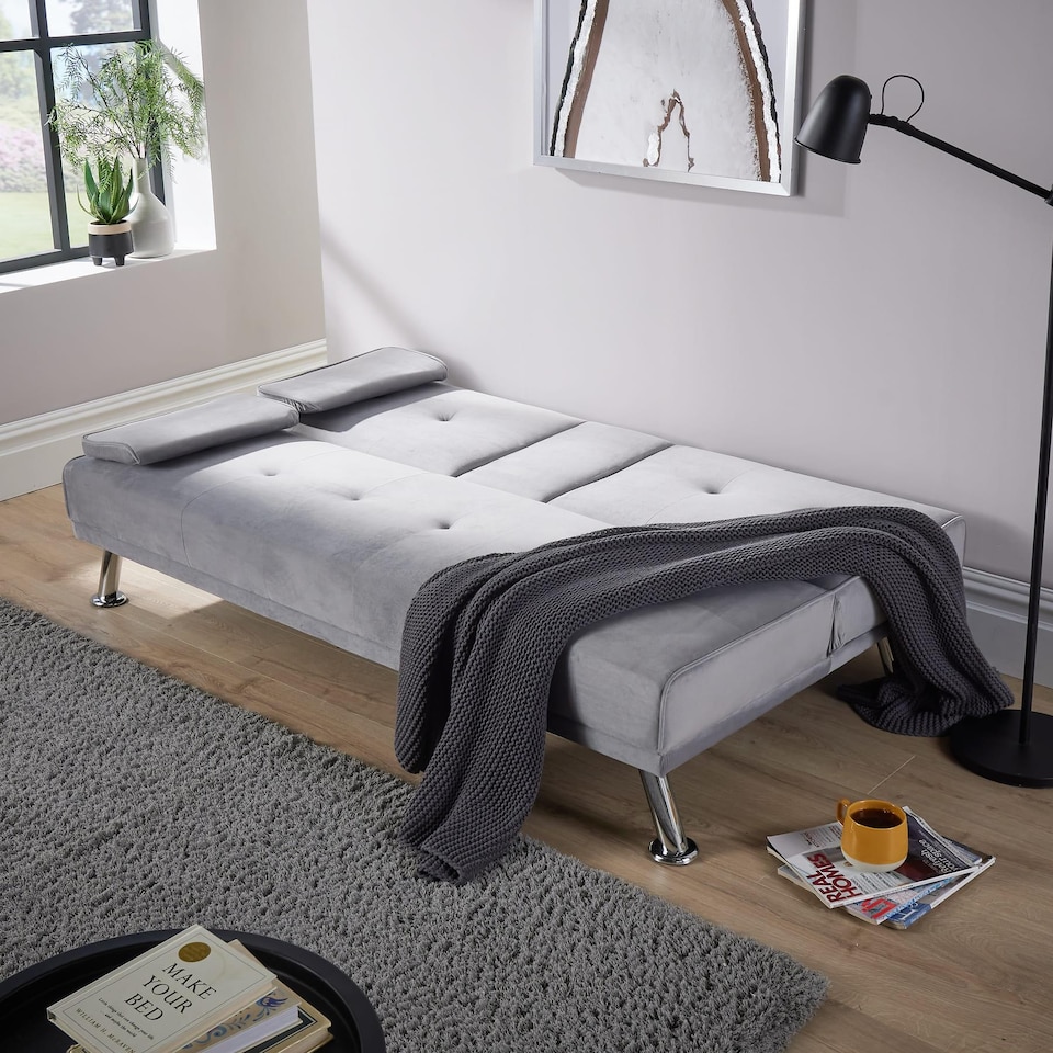 image 1 of Double Sofa Bed Folding Chair Armrests Grey Crushed Velvet Metal Legs Couch