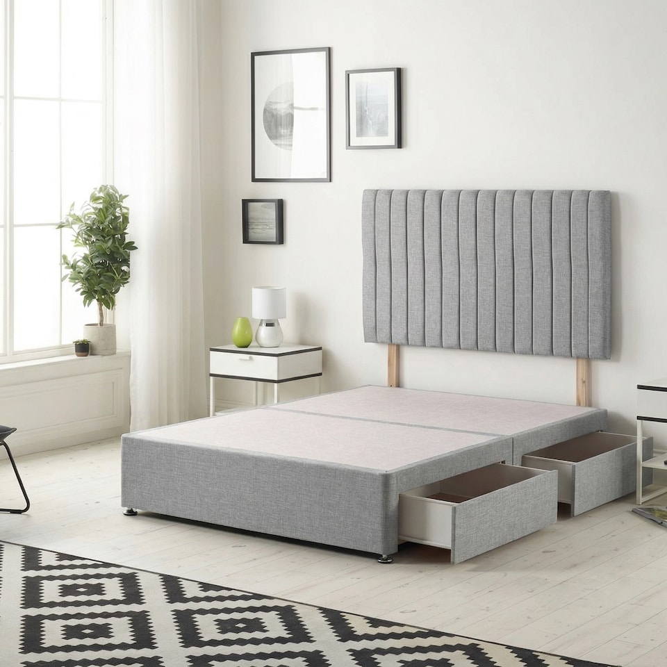 image 1 of Texas Divan Bed Base with 2 Drawers & 30 Inch Headboard Linen Fabric | Silver | Silver