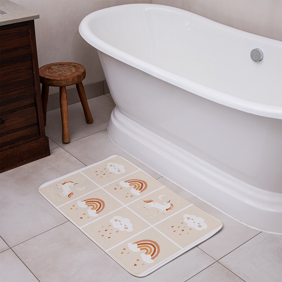 image 1 of Cute Hand Drawn Unicorn, Rainbow and Cloud Designer Bathmat | Multi