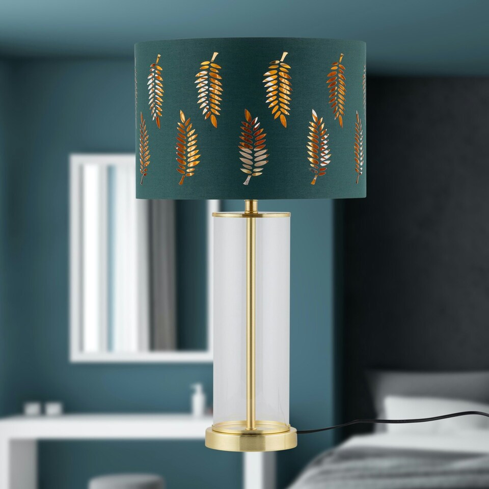 image 1 of Aura - Satin Brass Table Lamp with Green Fern Cut Out Silver Shade Bronze | Green