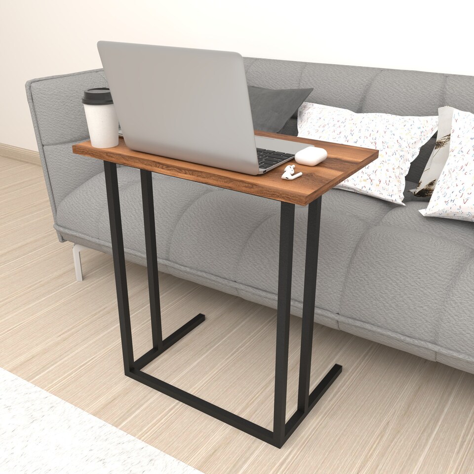 image 1 of Wood Laptop Table, Home Office Portable Computer Stand C-Shape With Metal Legs | Black | Sapphire Oak