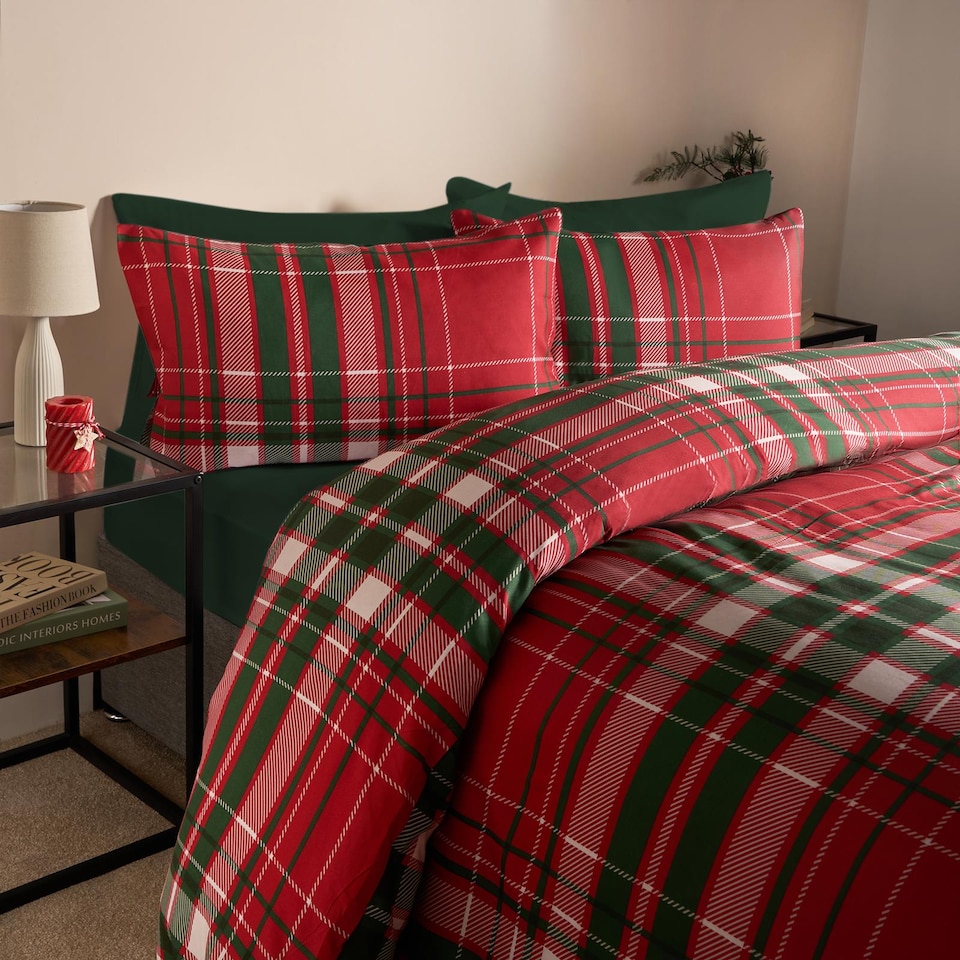 image 1 of OHS Traditional Christmas Check Soft Microfibre Duvet Cover and Pillowcase Set | Red | King