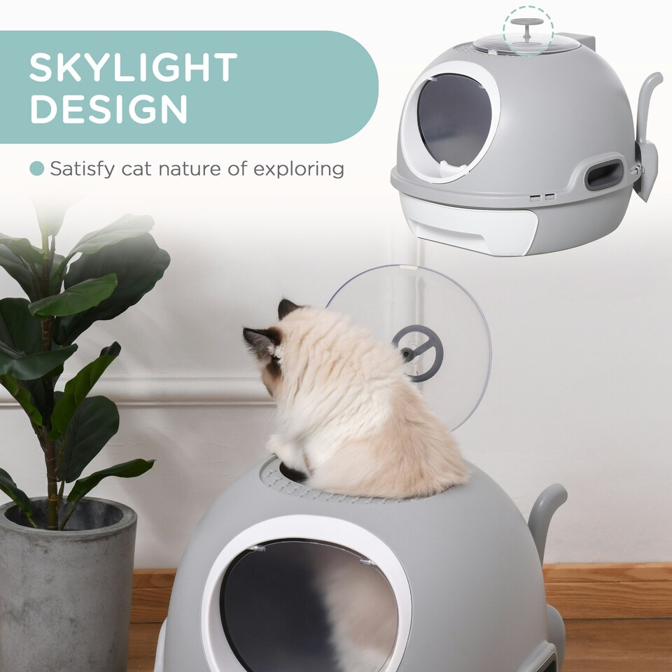 image 1 of PawHut Futuristic Capsule-Shaped Cat Litter Box w/ 2 Doors Scoop Drawer Grey