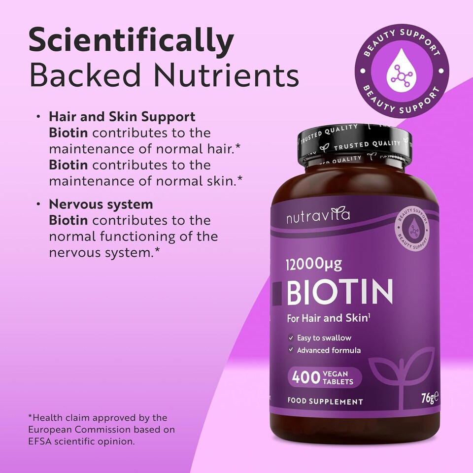 image 1 of Nutravita Biotin Hair Growth Supplement 12,000mcg - High Strength Vitamin B7 Biotin Pills 12000UG - Supports Skin & Hair Growth - 400 Vegan Tablets