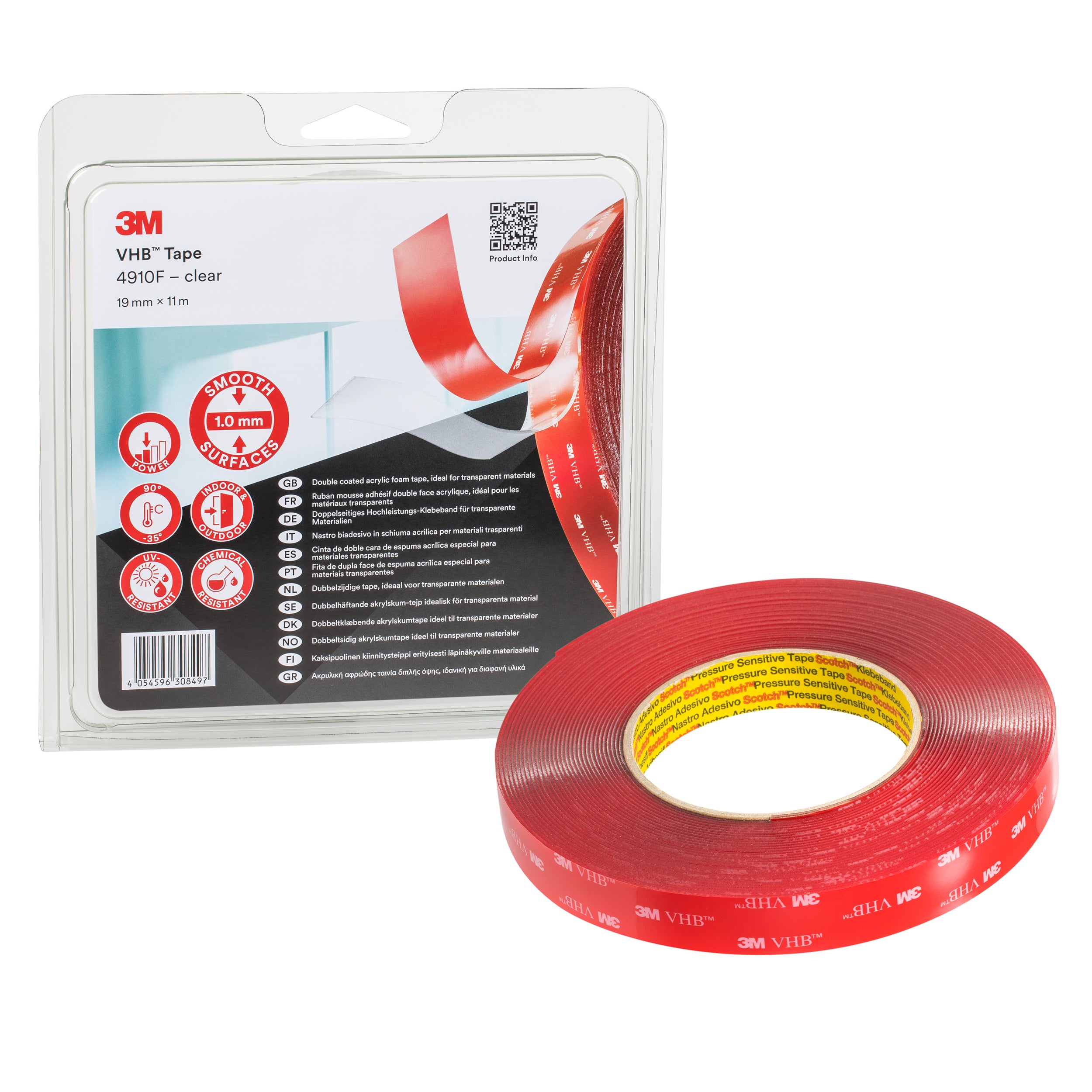 3M VHB Transparent Double-Sided Acrylic Foam Tape, 19 mm x 11 m, 1.0 mm ...