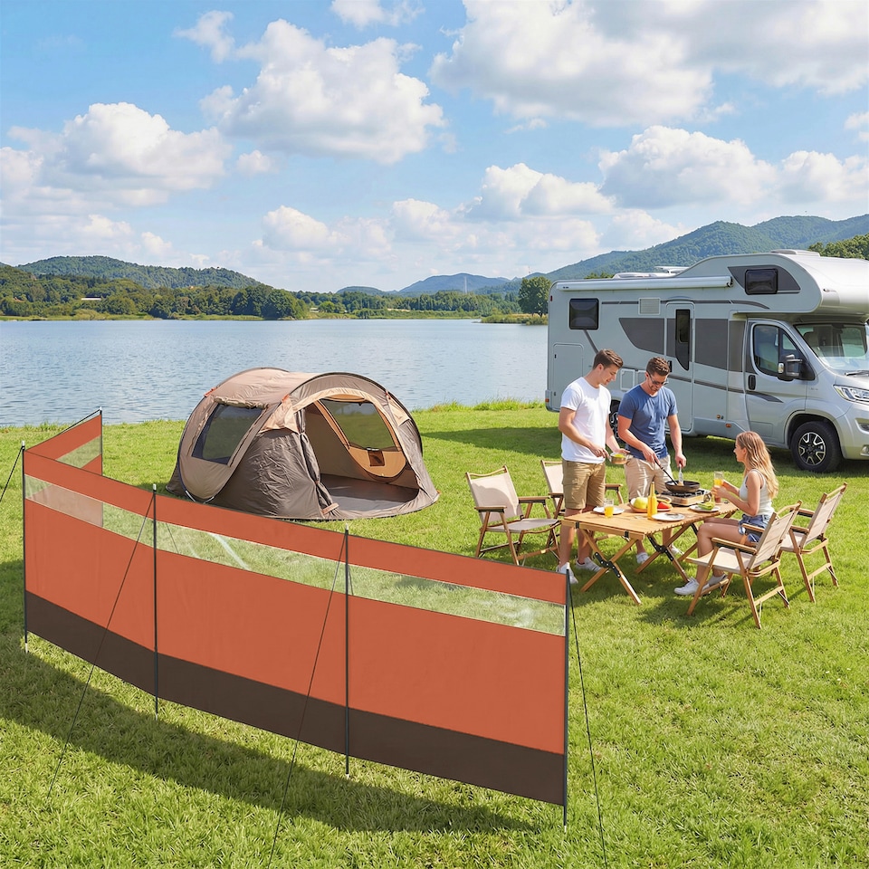 image 1 of Outsunny Camping Windbreaks with Clear Windows, 725 x 140cm | Orange | Orange, Khaki, Clear | 725 x 140 cm