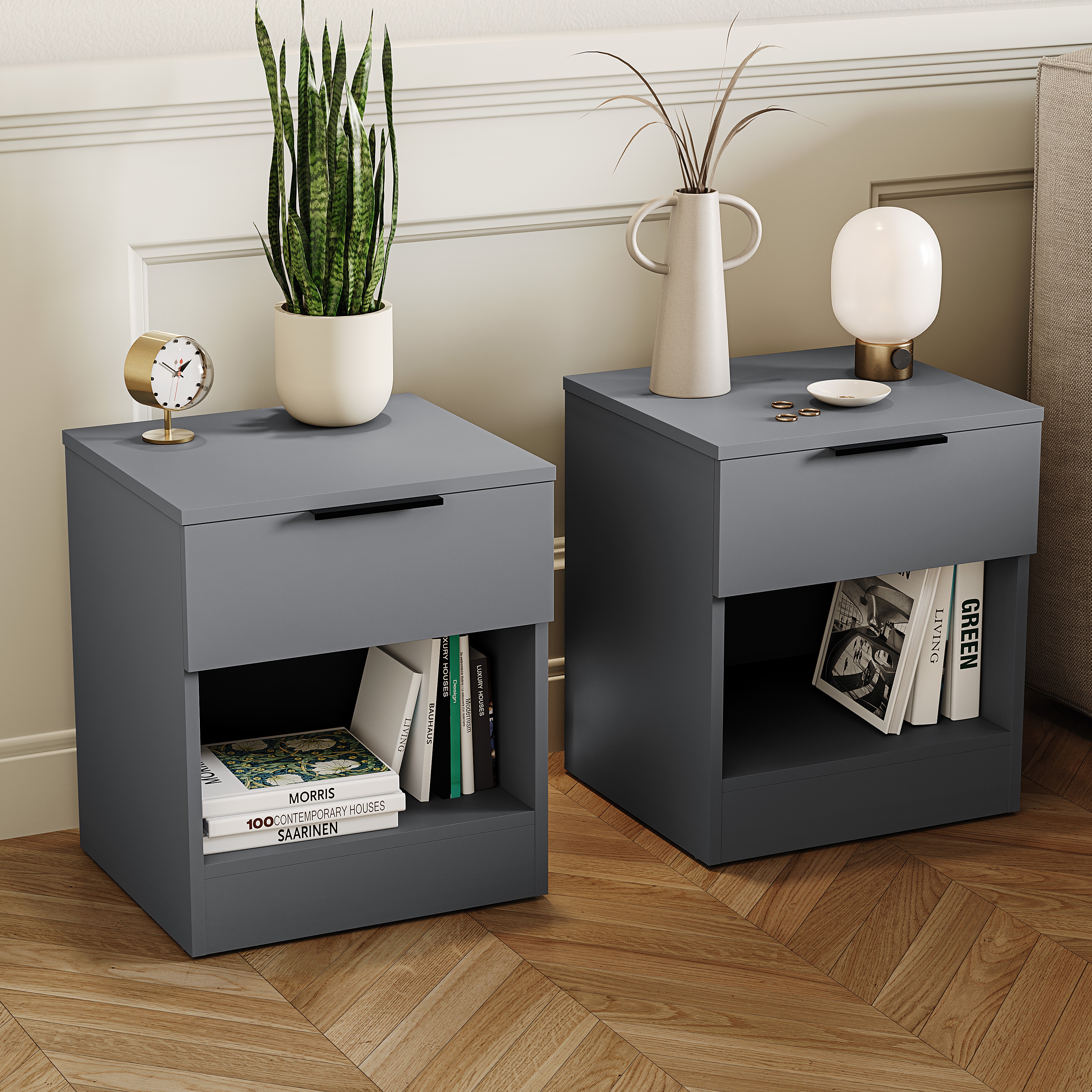 Vida Designs Trega 1 Drawer Bedside Chest Bedroom Storage Unit - (H) 41cm x (W) 39cm x (D) 28cm - Grey, Set of 2