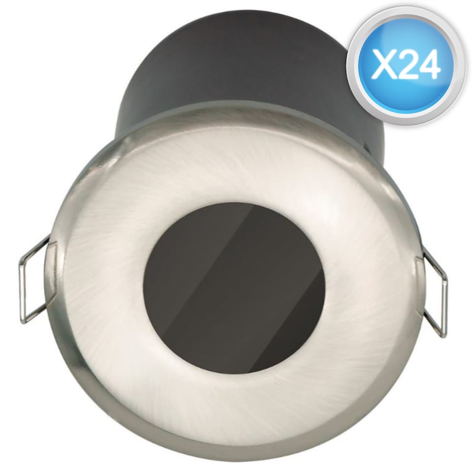 image 1 of Set of 24 Fire Rated Bathroom Recessed Downlights - Brushed Steel IP65 | Chrome | Brushed steel plate and clear glass diffuser | Large | 24