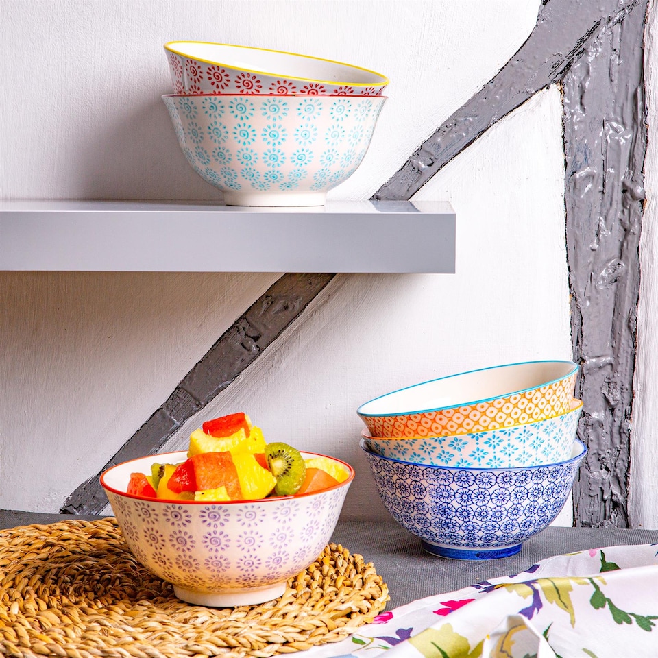 image 1 of Nicola Spring Hand-Printed Cereal Bowls - 16cm - 6 Colours - Pack of 6 | Multi | Multi
