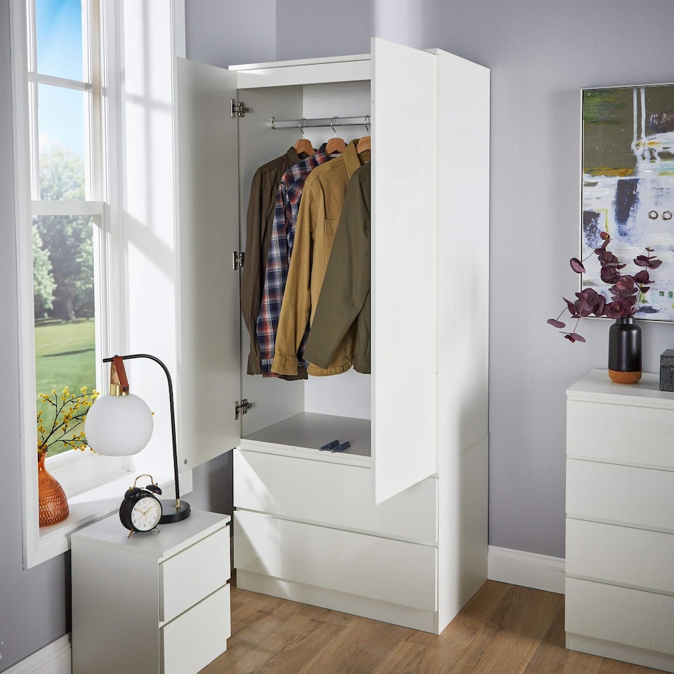 image 1 of Wardrobe 2 Door 2 Drawer Storage Cabinet Modern Home Bedroom Furniture | White