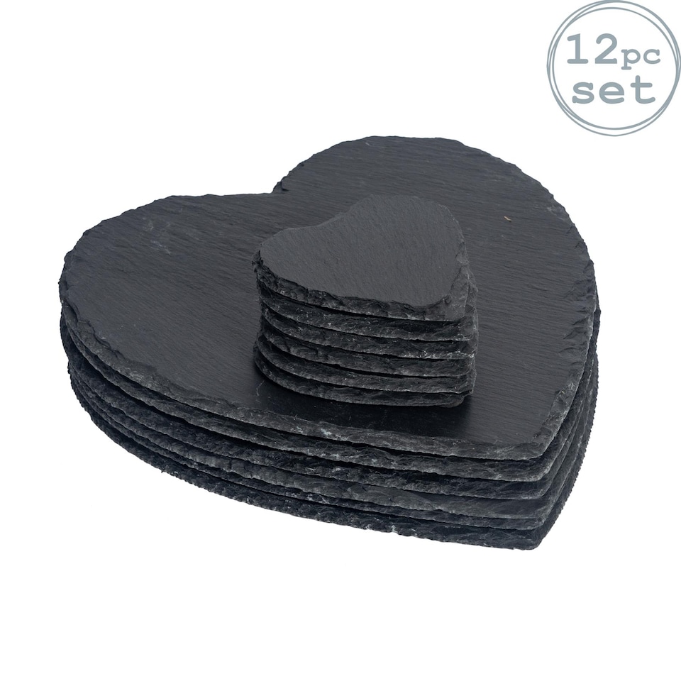 image 1 of Argon Tableware 12 Piece Heart Slate Placemats & Coasters Set | Grey | Grey