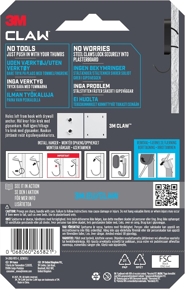image 1 of 3M CLAW Plasterboard Hook, Holds up to 7 kg