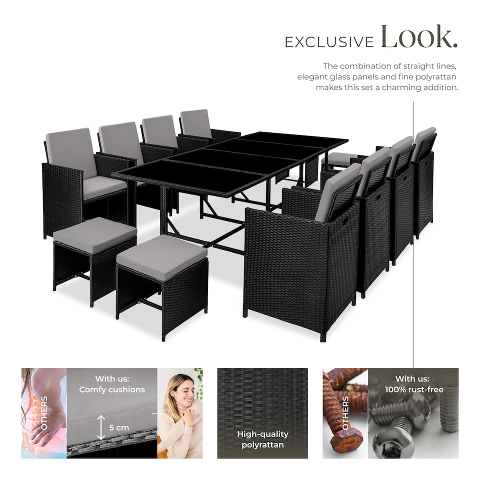 image 1 of Garden Table and Chairs Palma - 12 seats with cushions, dining table, rain cover | Black | black/grey | 53 x 53 x 87 cm | 1
