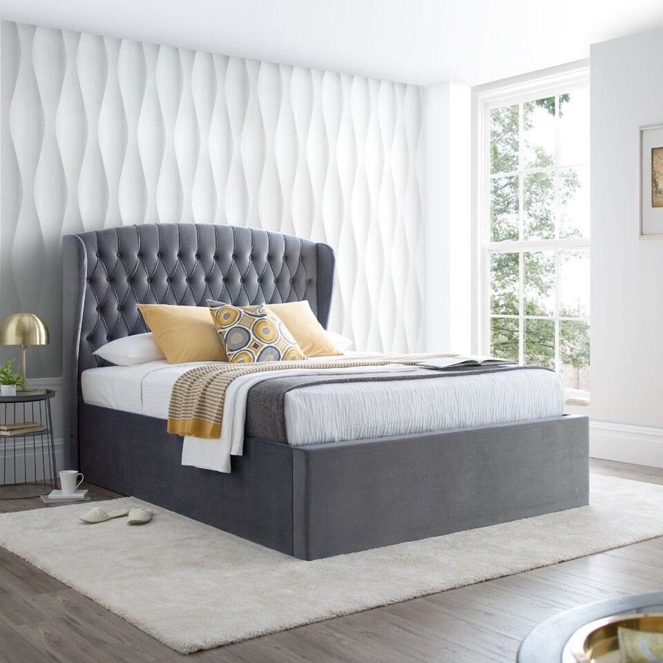 image 1 of 5ft King Size Velvet grey ottoman fabric upholstered buttoned storage gas lift up bed frame. Front lift up underbed storeage bed frame