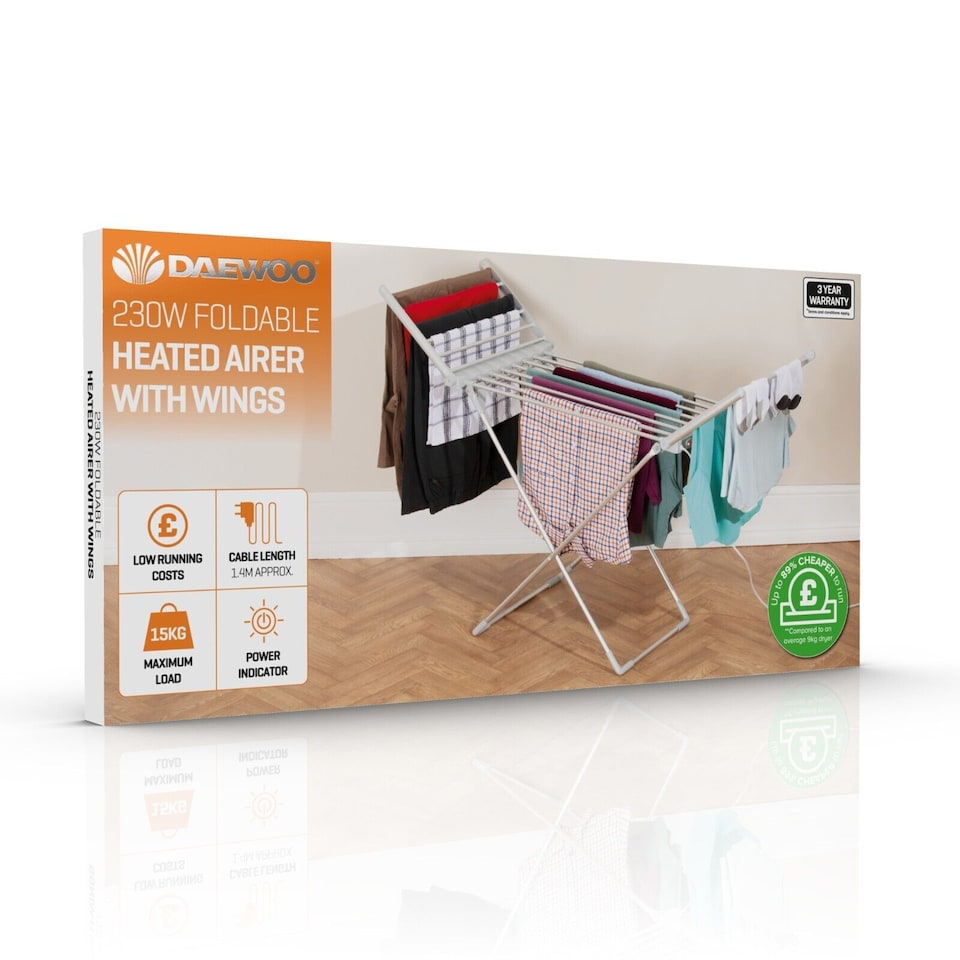 image 1 of Daewoo Electric Heated Folding Clothes Airer Dryer Winged 230W 15kg Load Compact