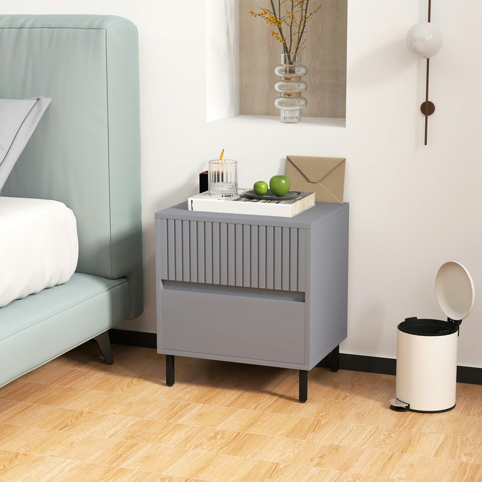 image 1 of HOMCOM Bedside Table with 2 Drawers and Steel Legs for Bedroom, Grey