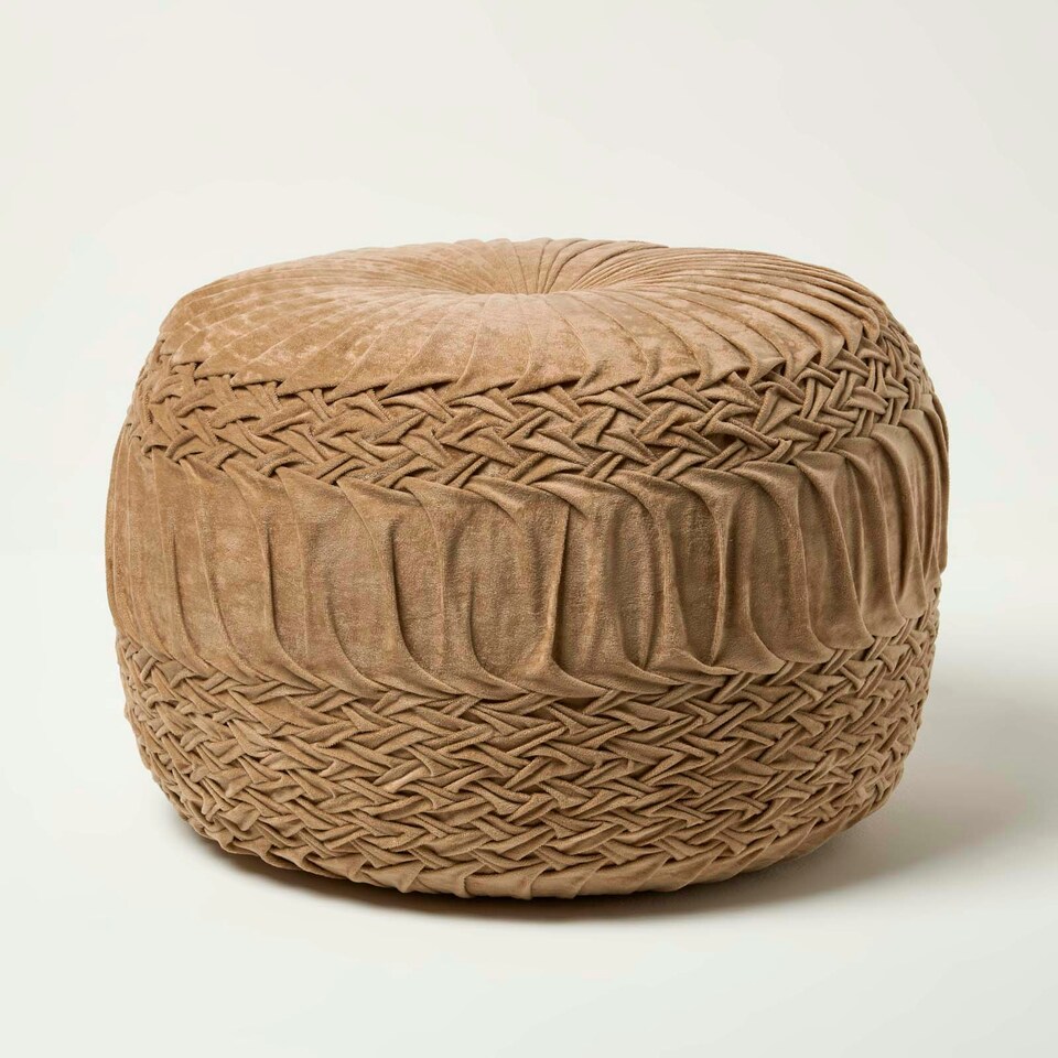 image 1 of Homescapes Sofia Pleated Velvet Taupe Pouffe