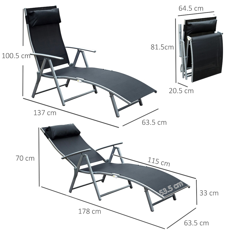 image 1 of Outsunny Sun Lounger Recliner w/ Pillow Foldable 7 Levels Textilene Black