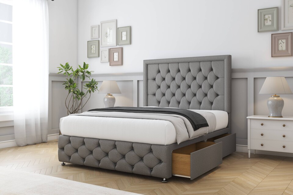 image 1 of Sloomy Vienna Pewter Dumfries Divan Bed With Mattress 2 Drawers Right Side With 26" Strutted Headboard & 12" Matching Footboard 5' King | Grey | Pewter | King | 1