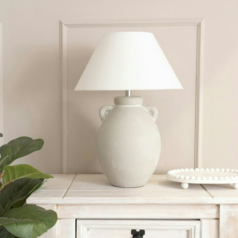 image 1 of ValueLights Daphne Linen Tapered Lamp Shade Stoneware Ceramic Vase Table Lamp with LED Bulb Grey