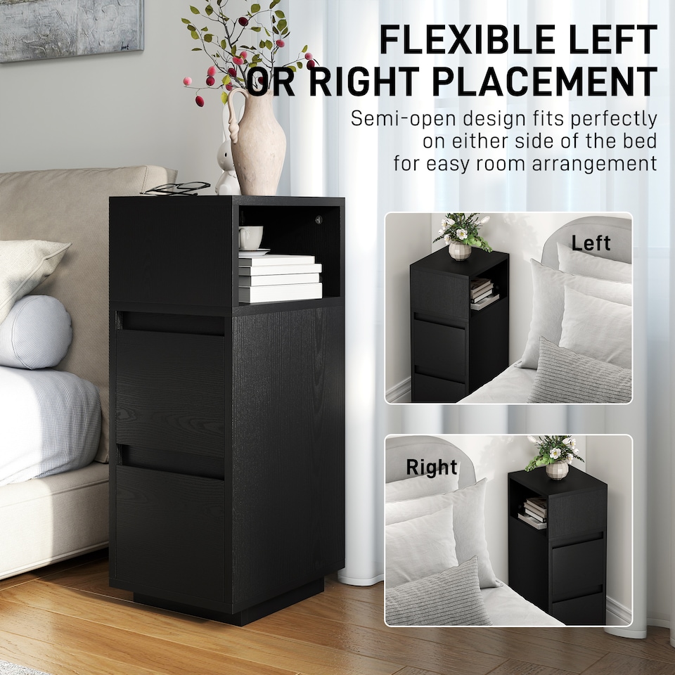 image 1 of HOMCOM Slim Bedside Table, Narrow Bedside Cabinet with Open Shelf and 2 Drawers, Modern Nightstand for Bedroom, Living Room, Black | Black | Black