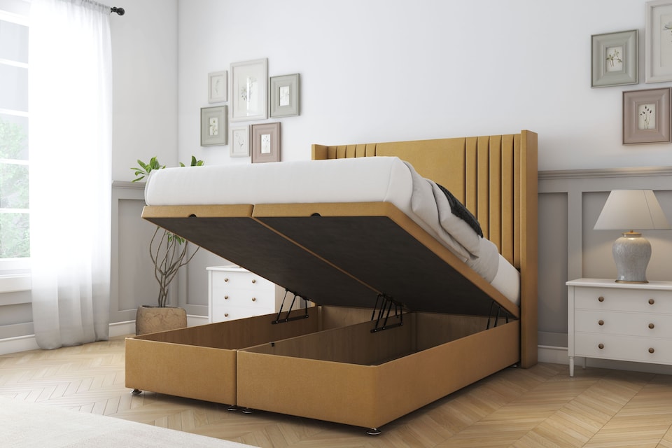 image 1 of Sloomy Camden Mustard Plush Ottoman Bed Base With 54" Wingback Headboard 4'6 Double | Gold | Mustard | Double | 1