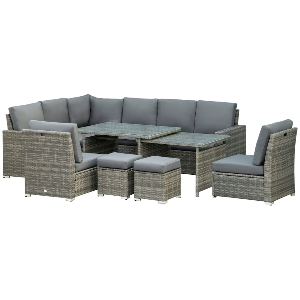 image 1 of Outsunny 10-Seater Sofa Sectional w/ Cushioned Seat, Footstools and Glass Table