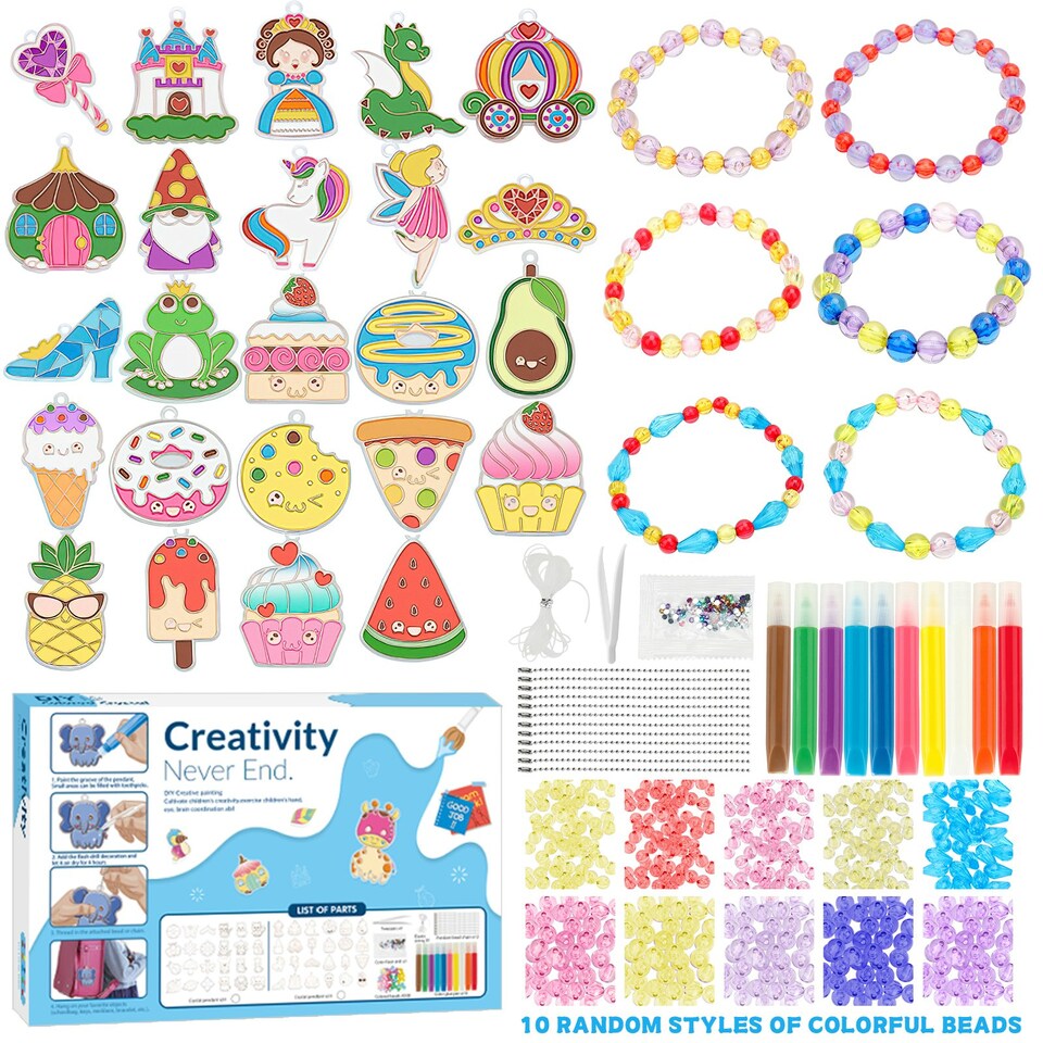 image 1 of DIY Crystal Jewelry Craft Set for Girls Air Dry Crystal Glue Painting Kit with Cartoon Pendants Multi