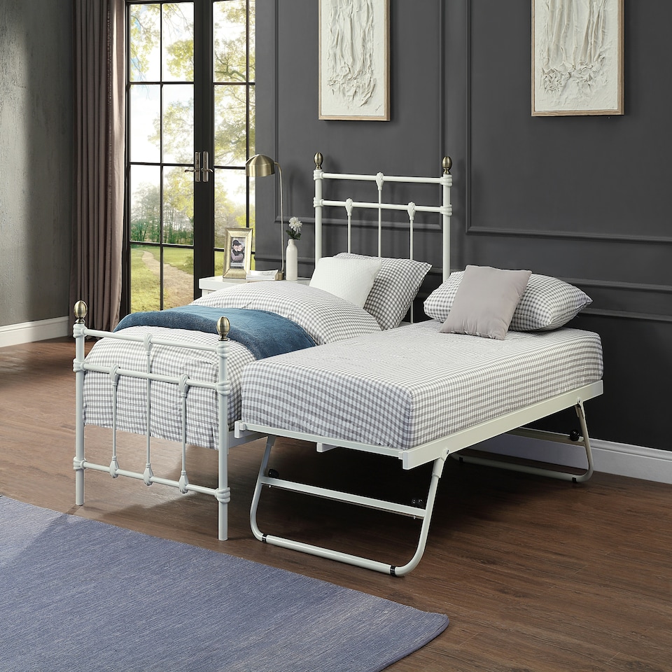 image 1 of Bayford Traditional Single White Metal Bed Frame with Guest Trundle Bed | White | White | Single