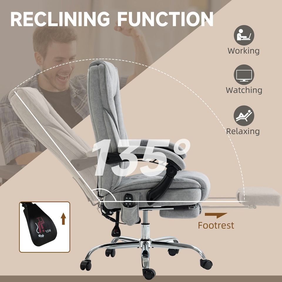 image 1 of Vinsetto Massage Office Chair, Heated Reclining Desk Chair, Grey