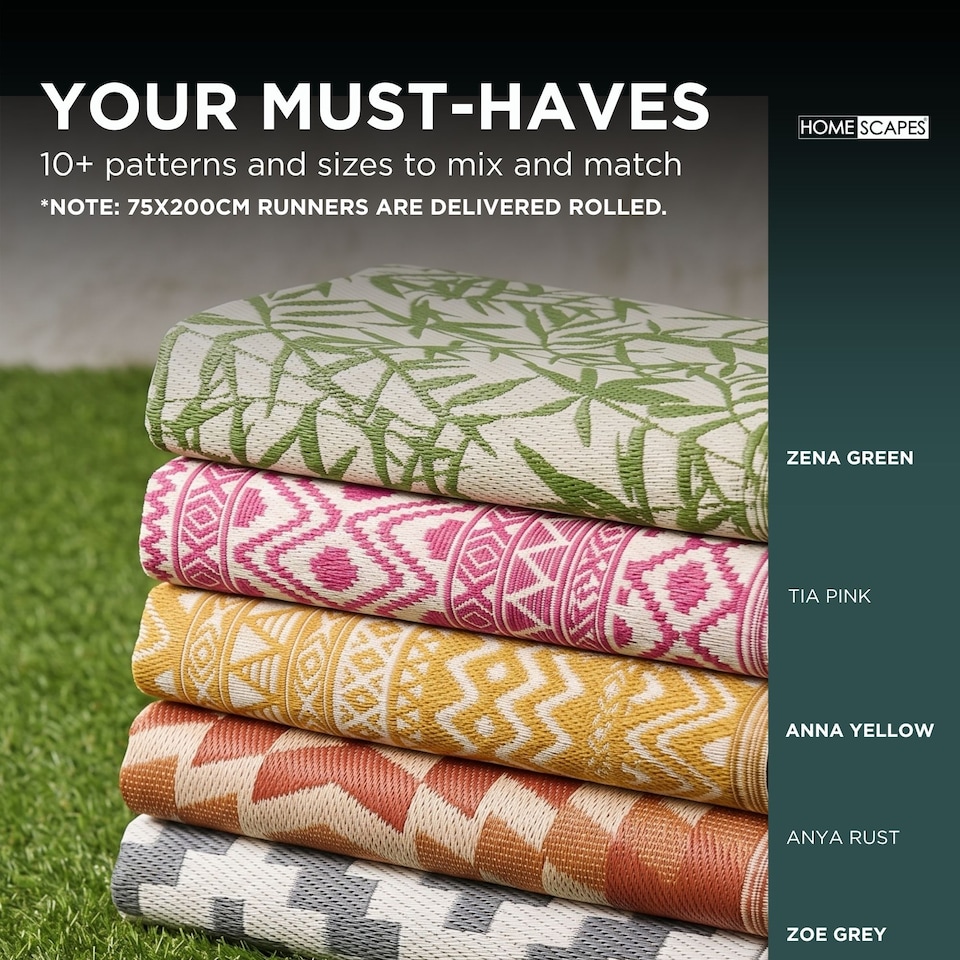 image 1 of Homescapes Outdoor Rug Runner Waterproof Reversible, 75 x 200 cm, Zoe Geometric Design