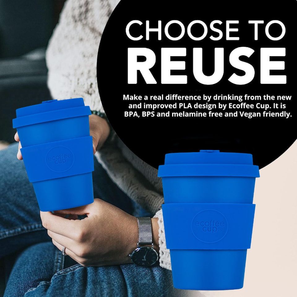 image 1 of Ecoffee Cup 12oz 350ml Reusable Eco-Friendly, Plant Based Coffee Cup with Silicone Lid & Sleeve, Bonassola | Blue | Bonassola