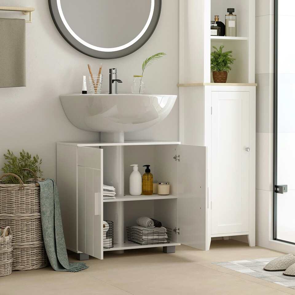 image 1 of kleankin Bathroom Pedestal Under Sink Cabinet with Adjustable Shelf, White White | White