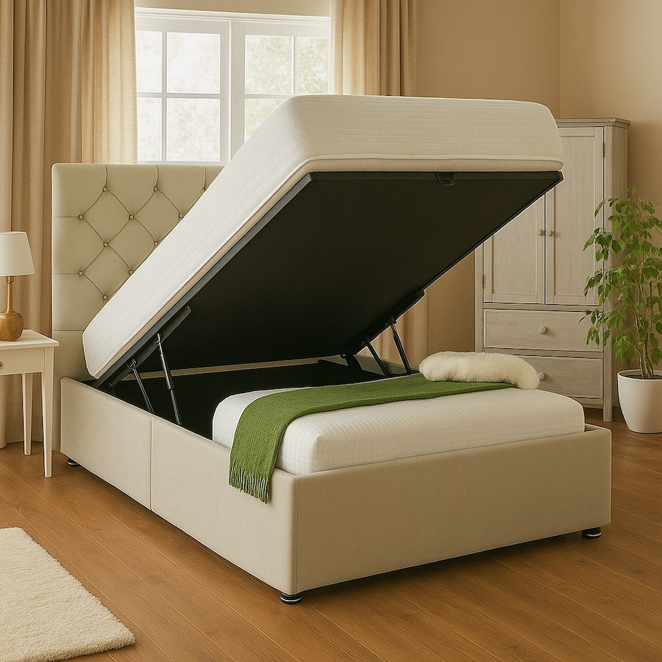 image 1 of Silver Plush Velvet Foot Lift Ottoman Divan Bed Set 5ft Kingsize