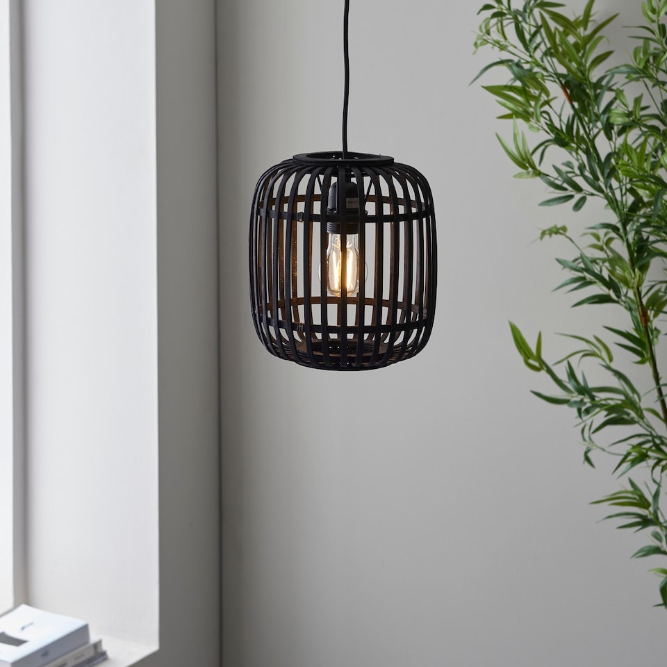 image 1 of Mathias Single Pendant Ceiling Lamp, Dark Bamboo, Plywood With Matt Black Paint