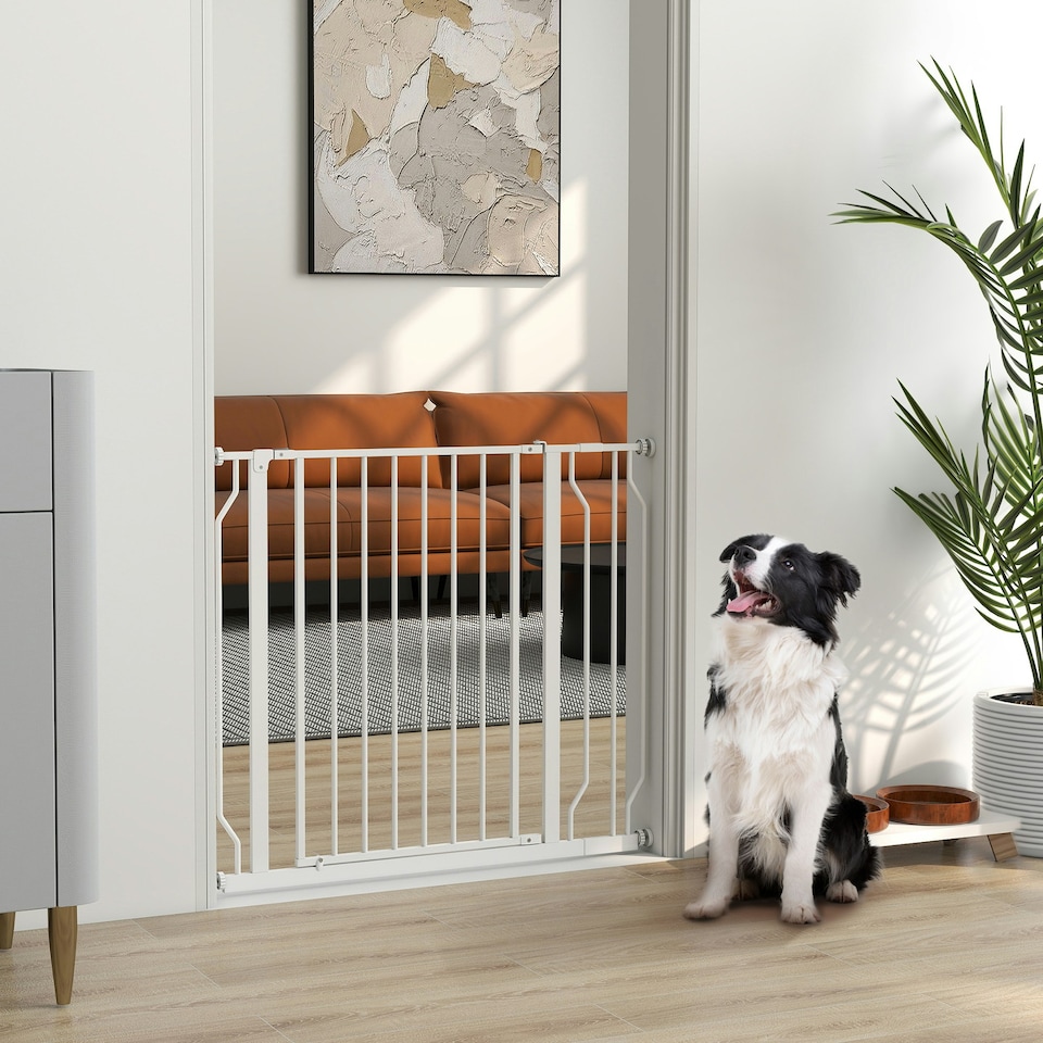 image 1 of PawHut Dog Gate Wide Stair Gate w/ Door Pressure Fit, 75-95W cm, White